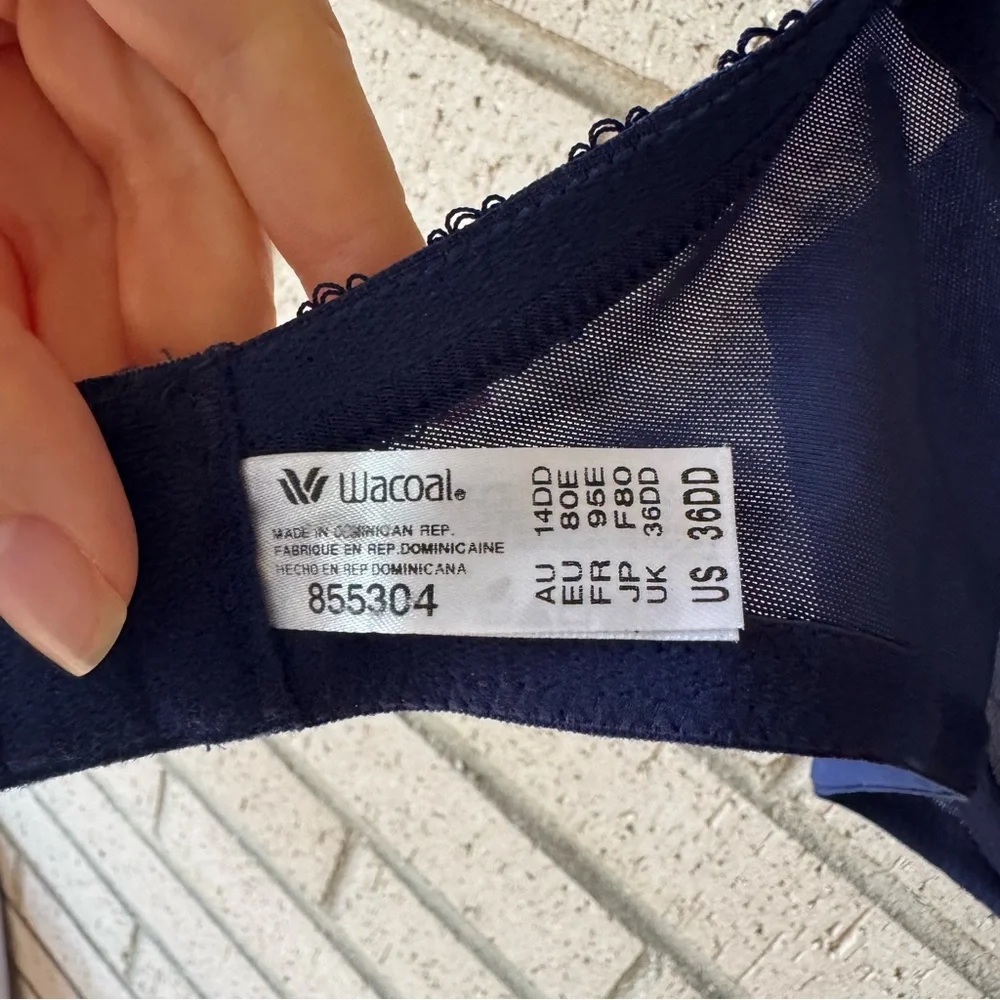 Wacoal Evocative Edge Blue Navy Sheer Lace Bra 855304 Size 36DD - Picture 7 of 7